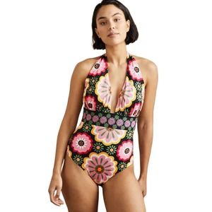 NWT Boden Merano Deep V-Neck Swimsuit Black Opulent Daisy Size 12 HTF